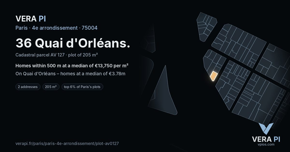 36 Quai d'Orléans, 4e arrondissement at night – the plot lit, the parcels around coloured by the prices near them