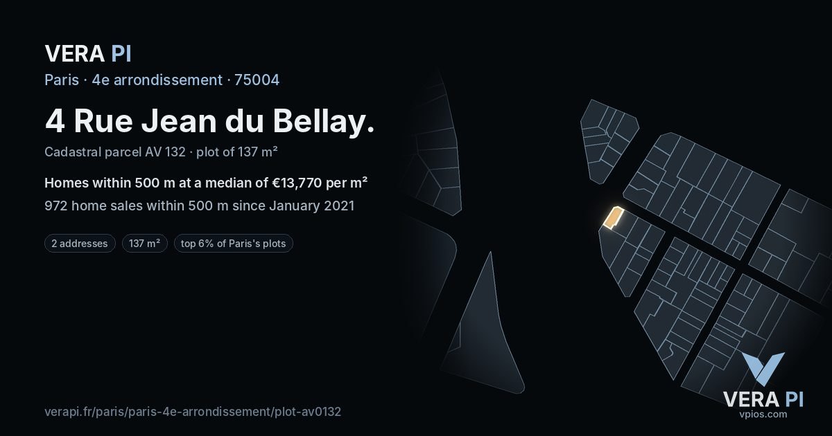 4 Rue Jean du Bellay, 4e arrondissement at night – the plot lit, the parcels around coloured by the prices near them