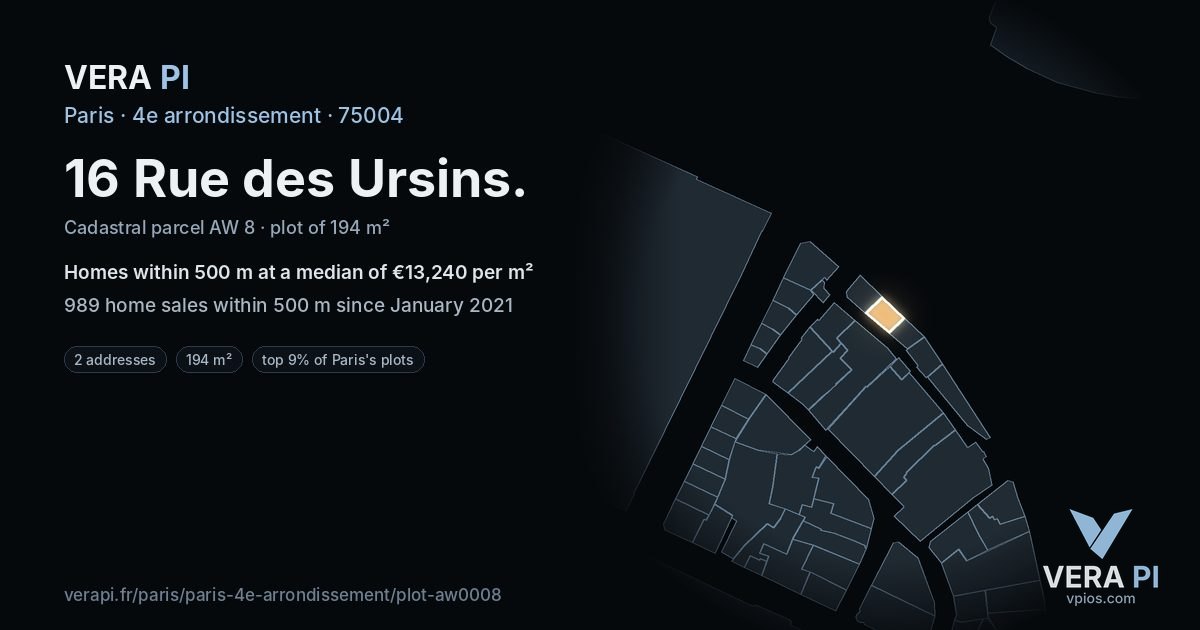 16 Rue des Ursins, 4e arrondissement at night – the plot lit, the parcels around coloured by the prices near them