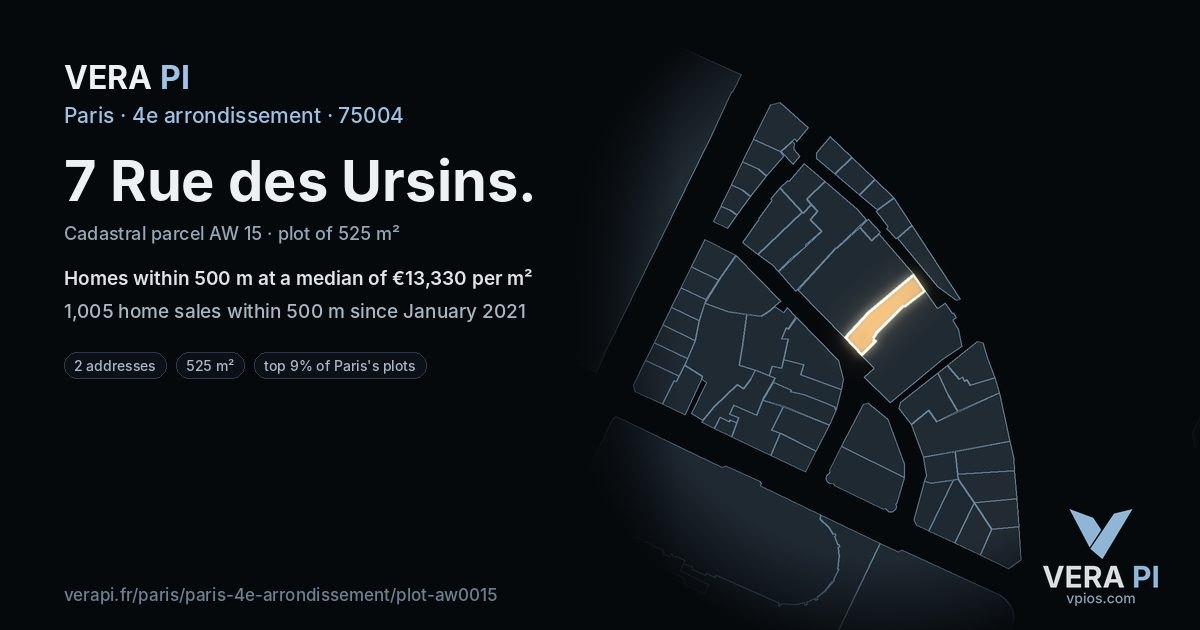 7 Rue des Ursins, 4e arrondissement at night – the plot lit, the parcels around coloured by the prices near them