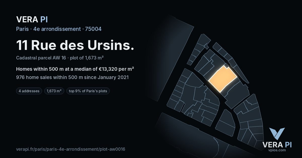 11 Rue des Ursins, 4e arrondissement at night – the plot lit, the parcels around coloured by the prices near them