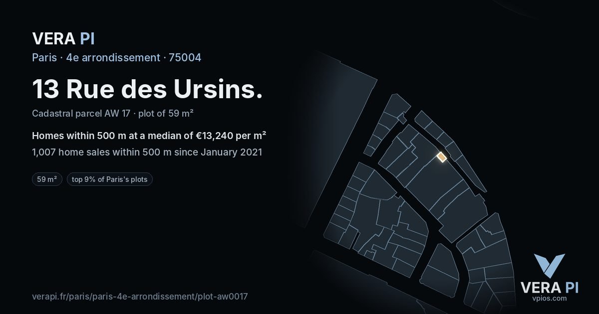 13 Rue des Ursins, 4e arrondissement at night – the plot lit, the parcels around coloured by the prices near them