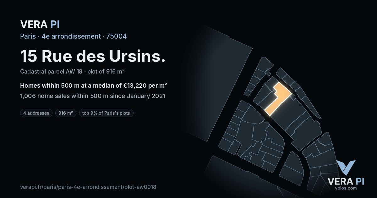 15 Rue des Ursins, 4e arrondissement at night – the plot lit, the parcels around coloured by the prices near them