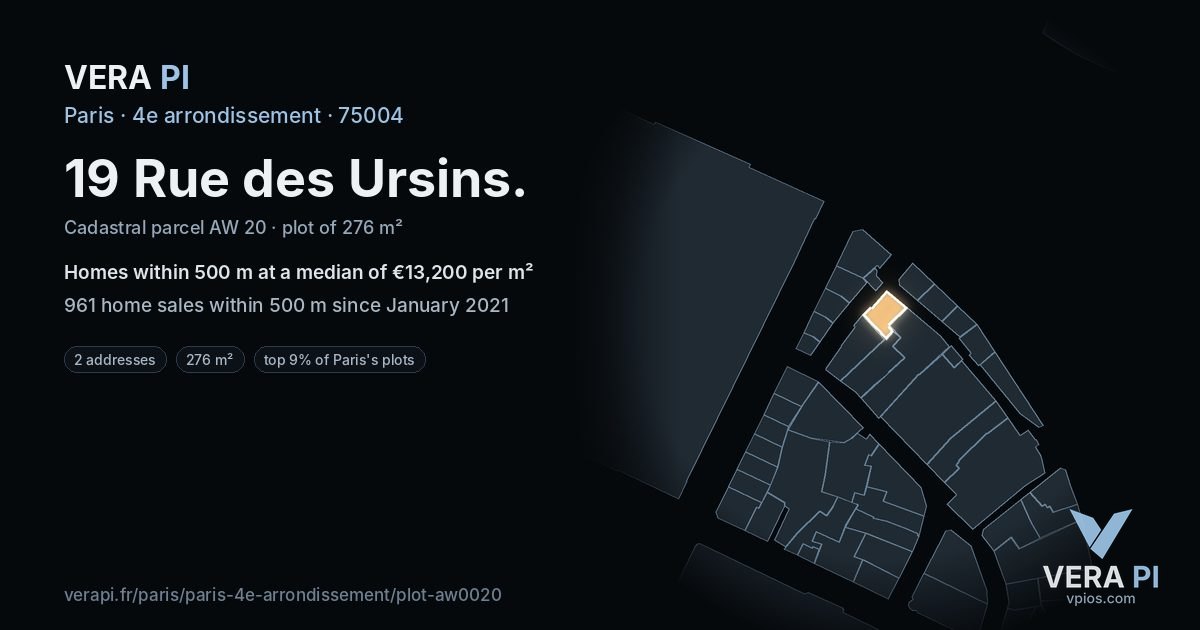 19 Rue des Ursins, 4e arrondissement at night – the plot lit, the parcels around coloured by the prices near them