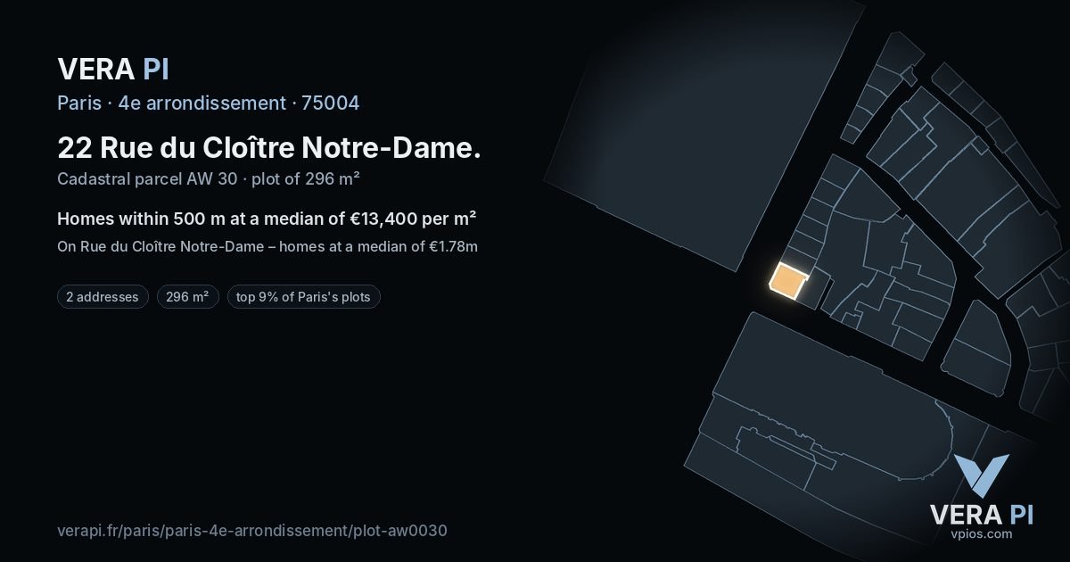 22 Rue du Cloître Notre-Dame, 4e arrondissement at night – the plot lit, the parcels around coloured by the prices near them