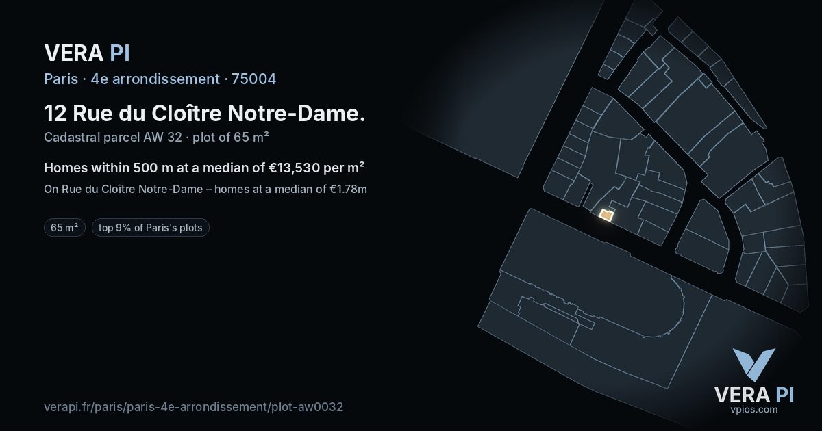 12 Rue du Cloître Notre-Dame, 4e arrondissement at night – the plot lit, the parcels around coloured by the prices near them