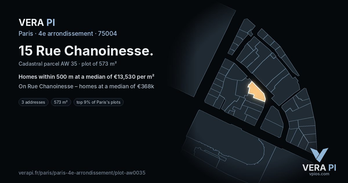 15 Rue Chanoinesse, 4e arrondissement at night – the plot lit, the parcels around coloured by the prices near them