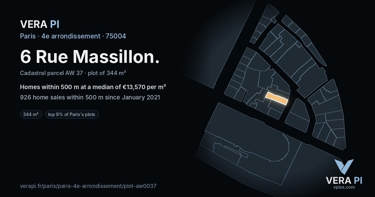 6 Rue Massillon, 4e arrondissement at night – the plot lit, the parcels around coloured by the prices near them