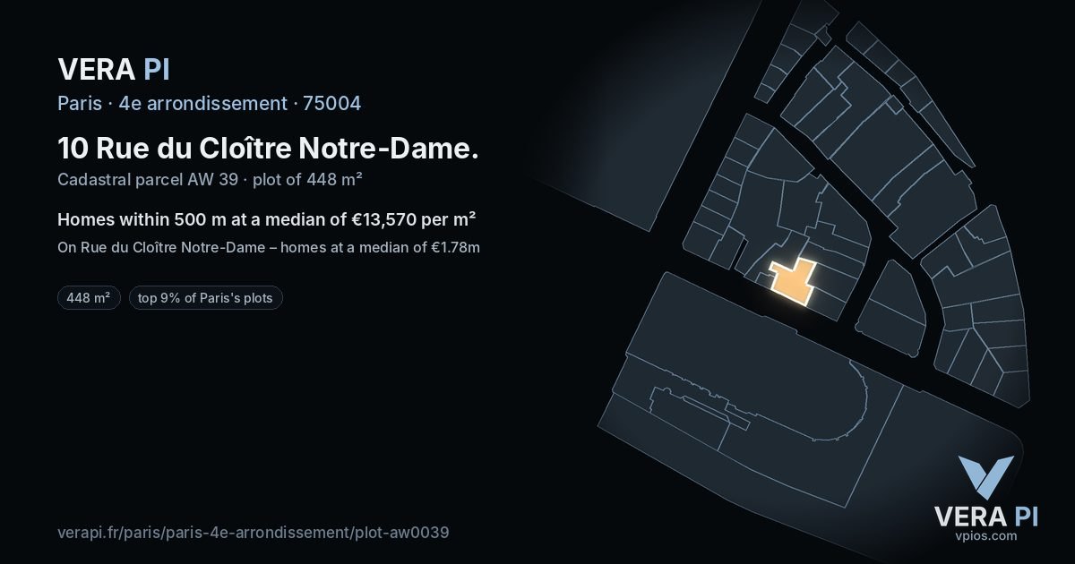 10 Rue du Cloître Notre-Dame, 4e arrondissement at night – the plot lit, the parcels around coloured by the prices near them