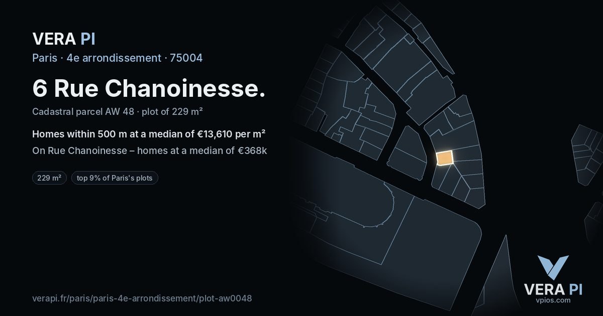 6 Rue Chanoinesse, 4e arrondissement at night – the plot lit, the parcels around coloured by the prices near them