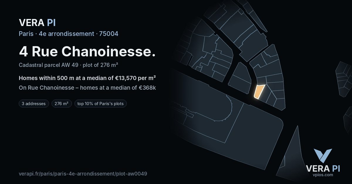 4 Rue Chanoinesse, 4e arrondissement at night – the plot lit, the parcels around coloured by the prices near them
