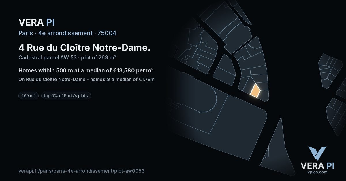 4 Rue du Cloître Notre-Dame, 4e arrondissement at night – the plot lit, the parcels around coloured by the prices near them