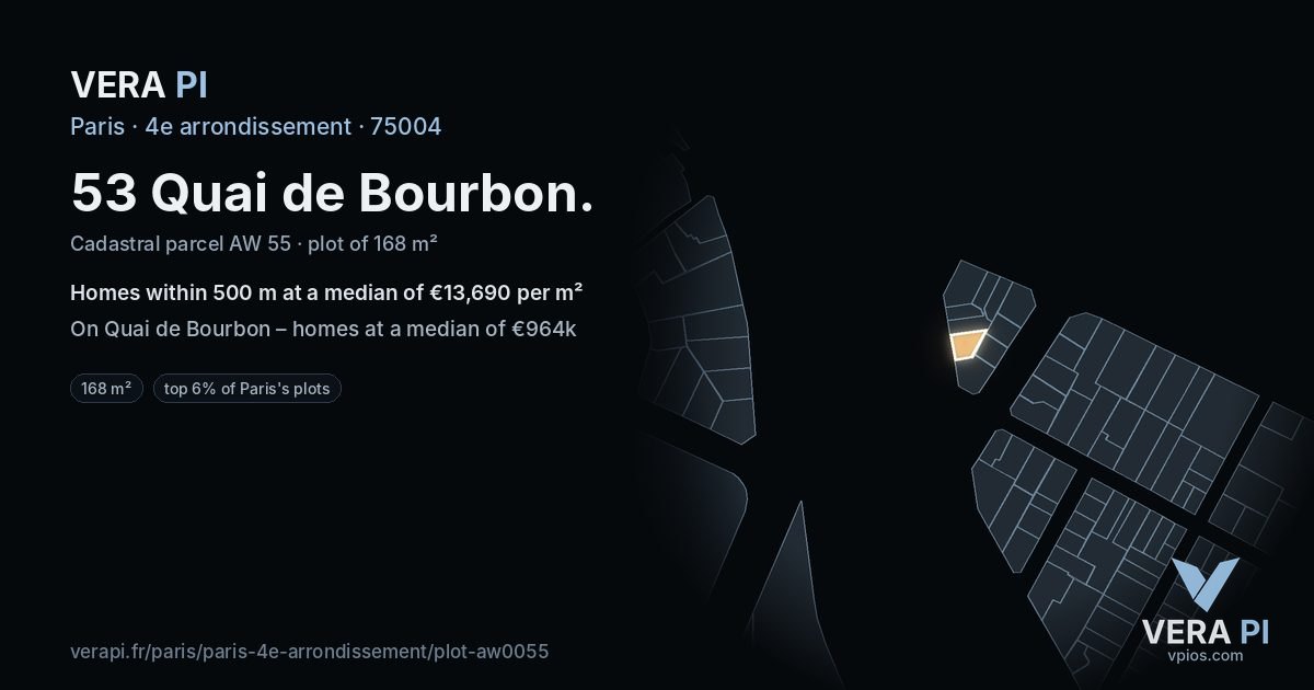 53 Quai de Bourbon, 4e arrondissement at night – the plot lit, the parcels around coloured by the prices near them