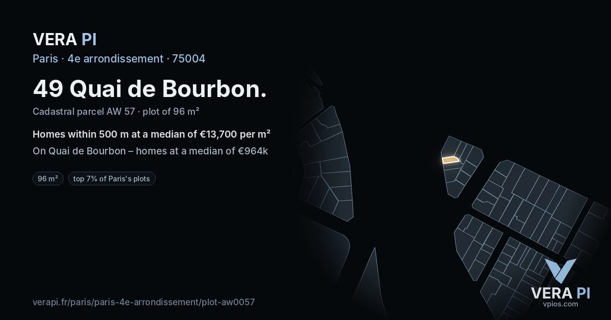 49 Quai de Bourbon, 4e arrondissement at night – the plot lit, the parcels around coloured by the prices near them