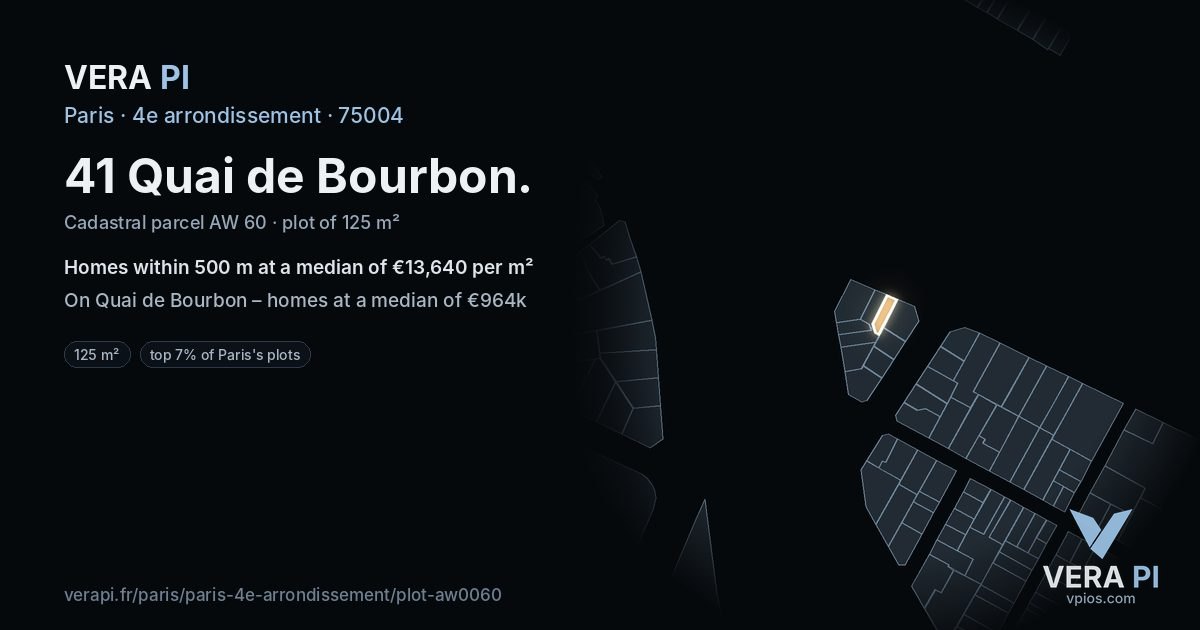 41 Quai de Bourbon, 4e arrondissement at night – the plot lit, the parcels around coloured by the prices near them