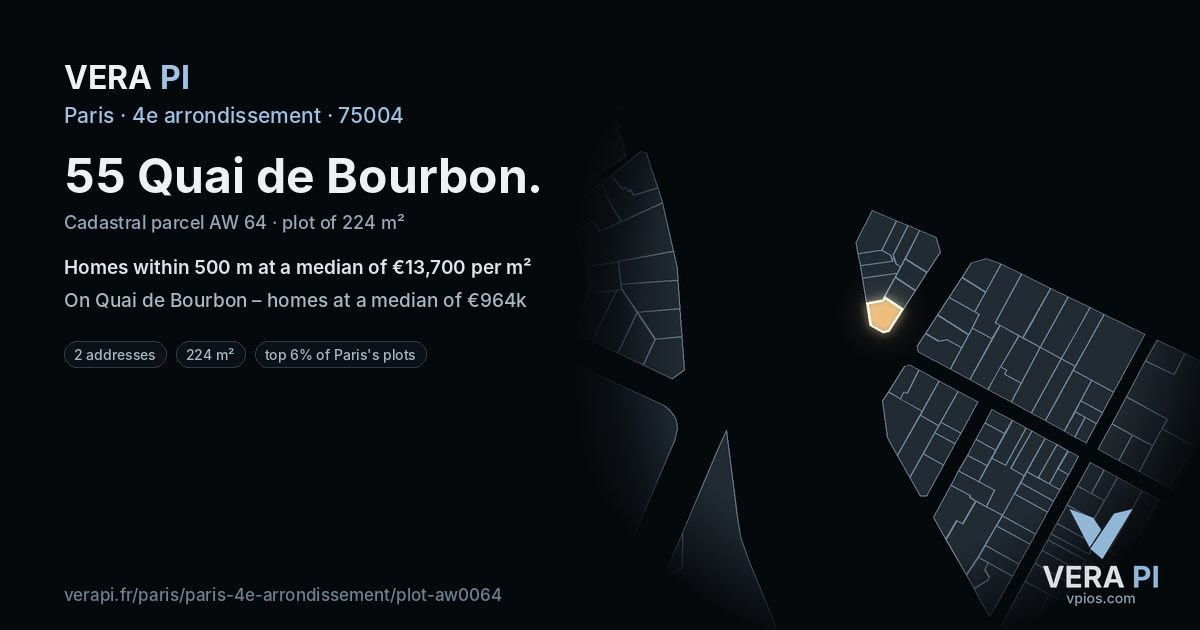 55 Quai de Bourbon, 4e arrondissement at night – the plot lit, the parcels around coloured by the prices near them