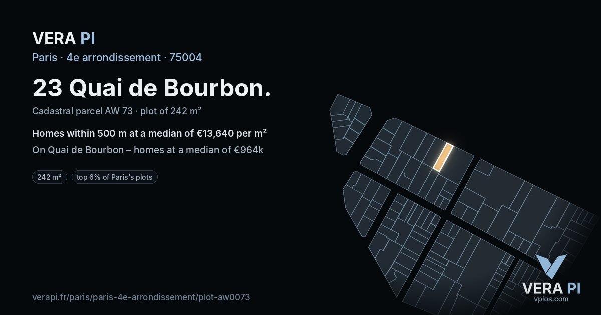 23 Quai de Bourbon, 4e arrondissement at night – the plot lit, the parcels around coloured by the prices near them