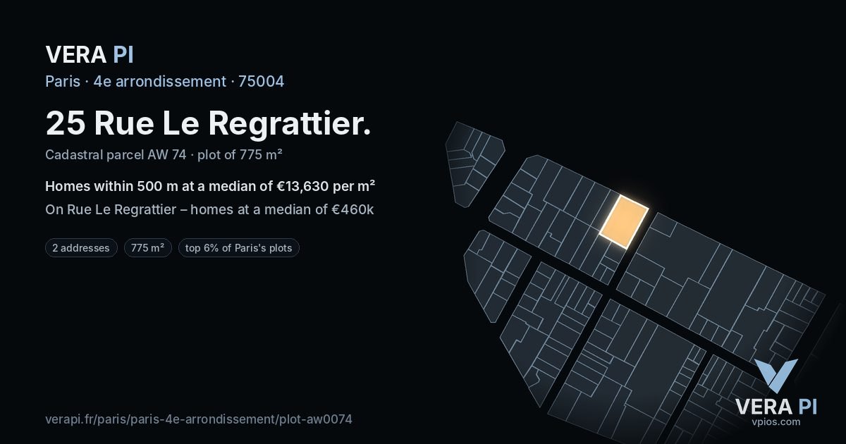 25 Rue Le Regrattier, 4e arrondissement at night – the plot lit, the parcels around coloured by the prices near them
