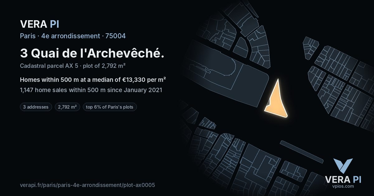 3 Quai de l'Archevêché, 4e arrondissement at night – the plot lit, the parcels around coloured by the prices near them