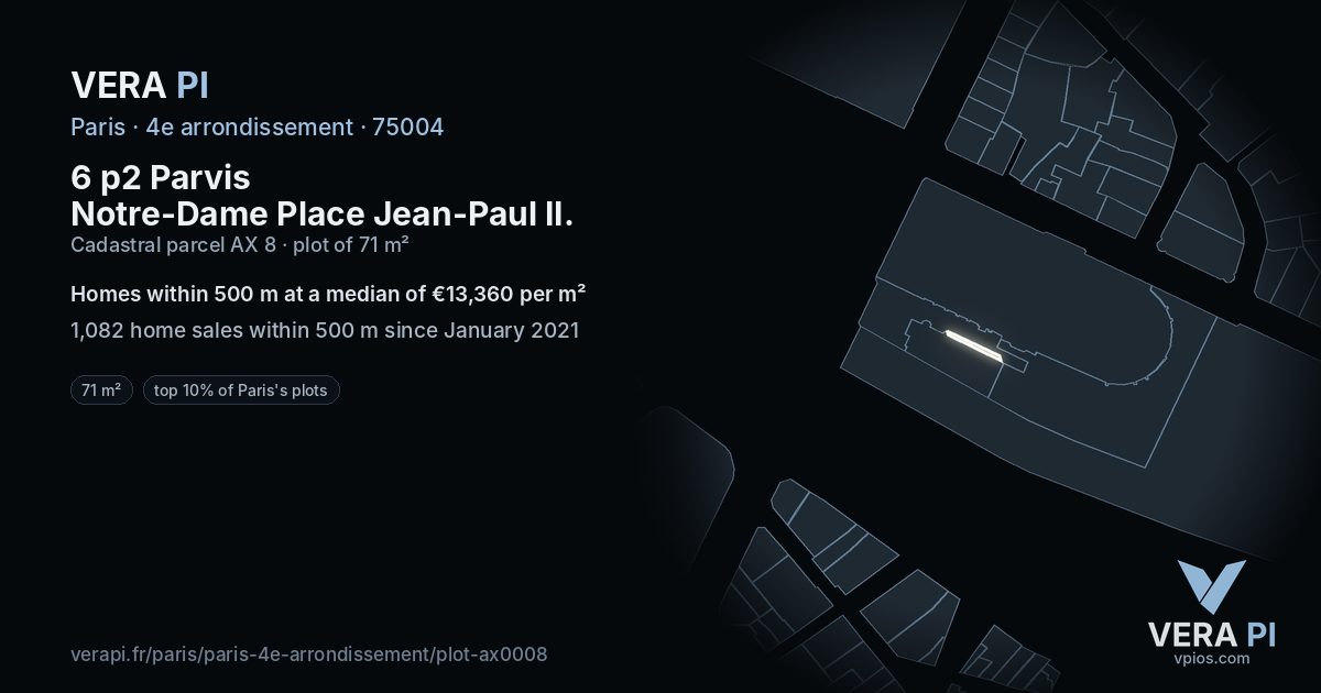 6 p2 Parvis Notre-Dame Place Jean-Paul II, 4e arrondissement at night – the plot lit, the parcels around coloured by the prices near them
