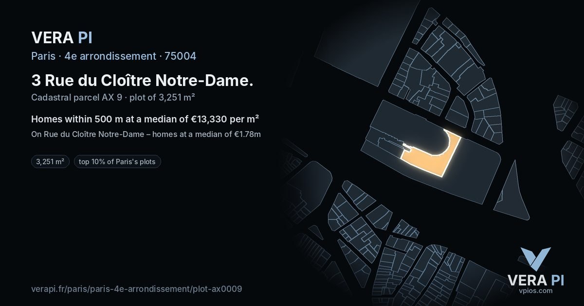 3 Rue du Cloître Notre-Dame, 4e arrondissement at night – the plot lit, the parcels around coloured by the prices near them