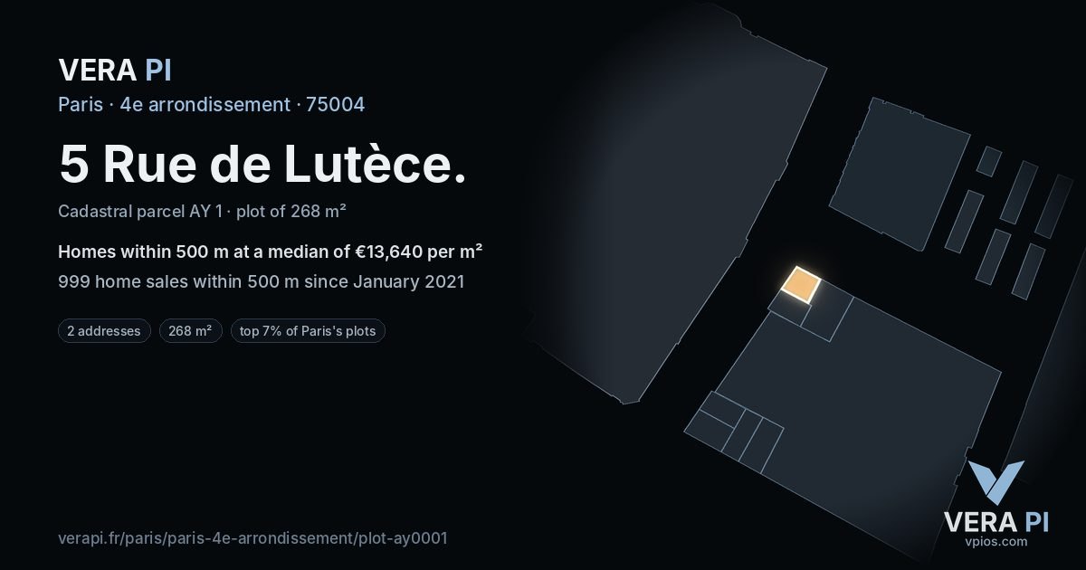 5 Rue de Lutèce, 4e arrondissement at night – the plot lit, the parcels around coloured by the prices near them