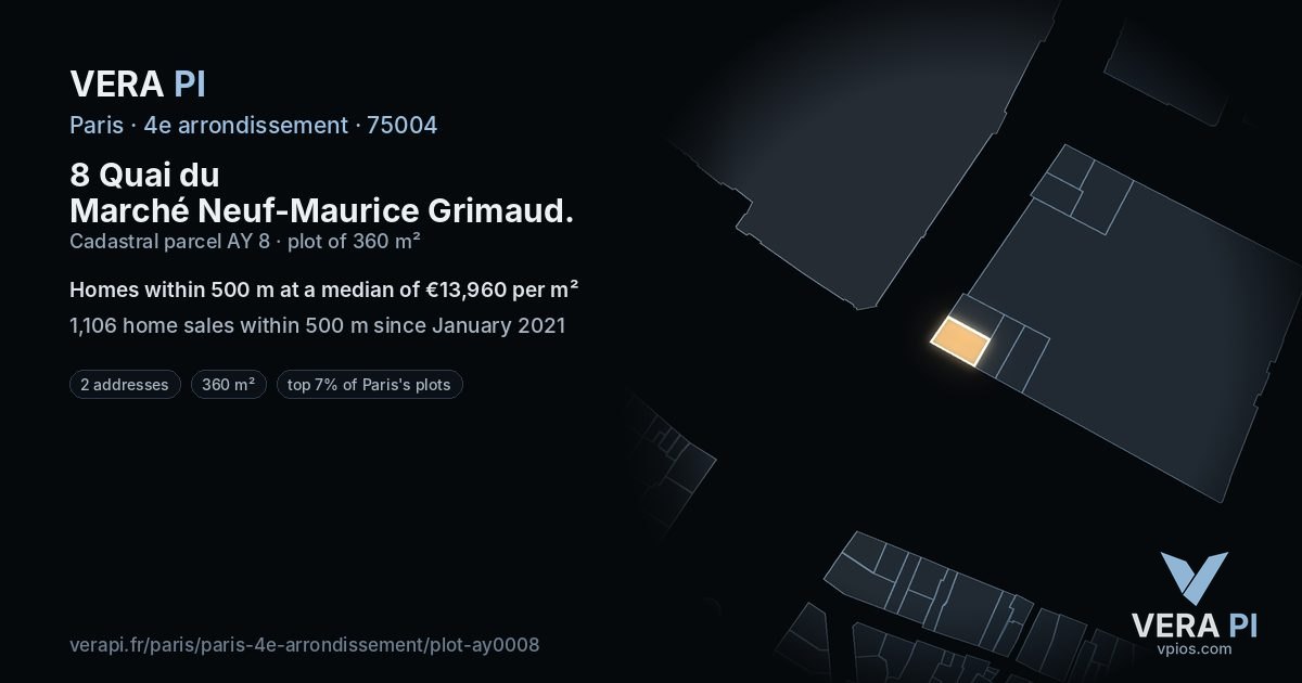 8 Quai du Marché Neuf-Maurice Grimaud, 4e arrondissement at night – the plot lit, the parcels around coloured by the prices near them