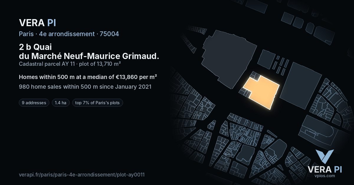 2 b Quai du Marché Neuf-Maurice Grimaud, 4e arrondissement at night – the plot lit, the parcels around coloured by the prices near them