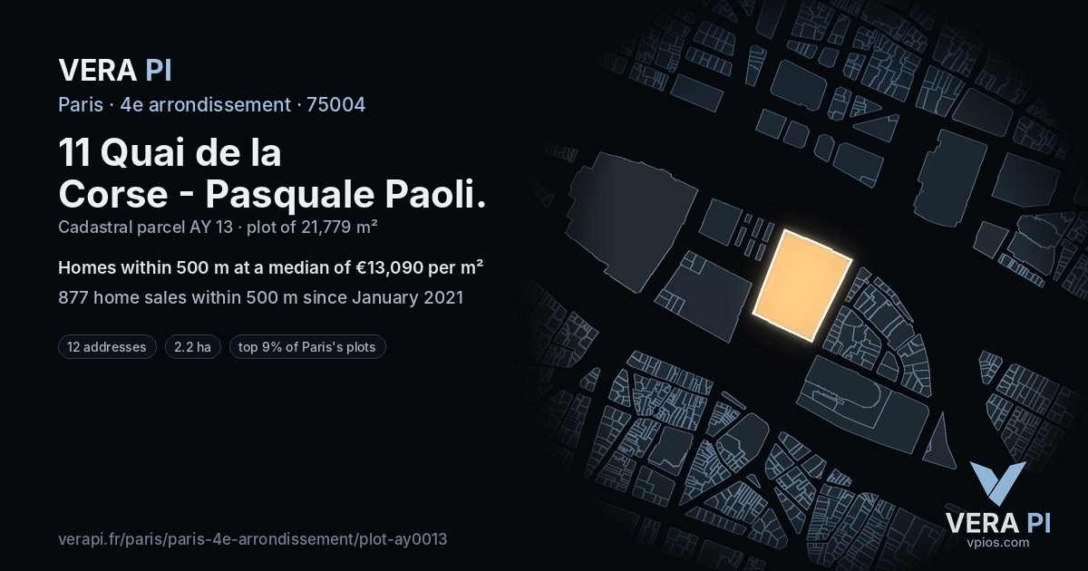 11 Quai de la Corse - Pasquale Paoli, 4e arrondissement at night – the plot lit, the parcels around coloured by the prices near them