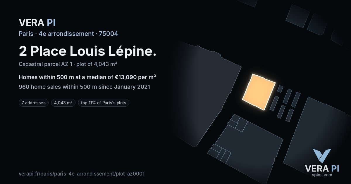 2 Place Louis Lépine, 4e arrondissement at night – the plot lit, the parcels around coloured by the prices near them