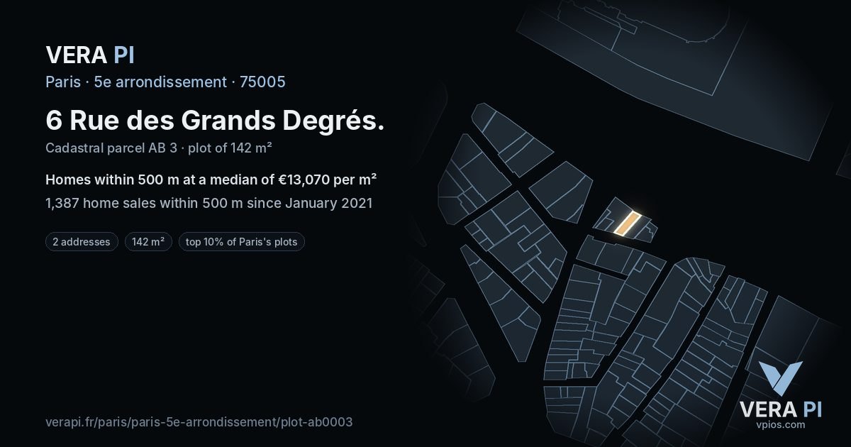 6 Rue des Grands Degrés, 5e arrondissement at night – the plot lit, the parcels around coloured by the prices near them