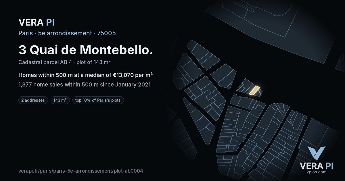 3 Quai de Montebello, 5e arrondissement at night – the plot lit, the parcels around coloured by the prices near them