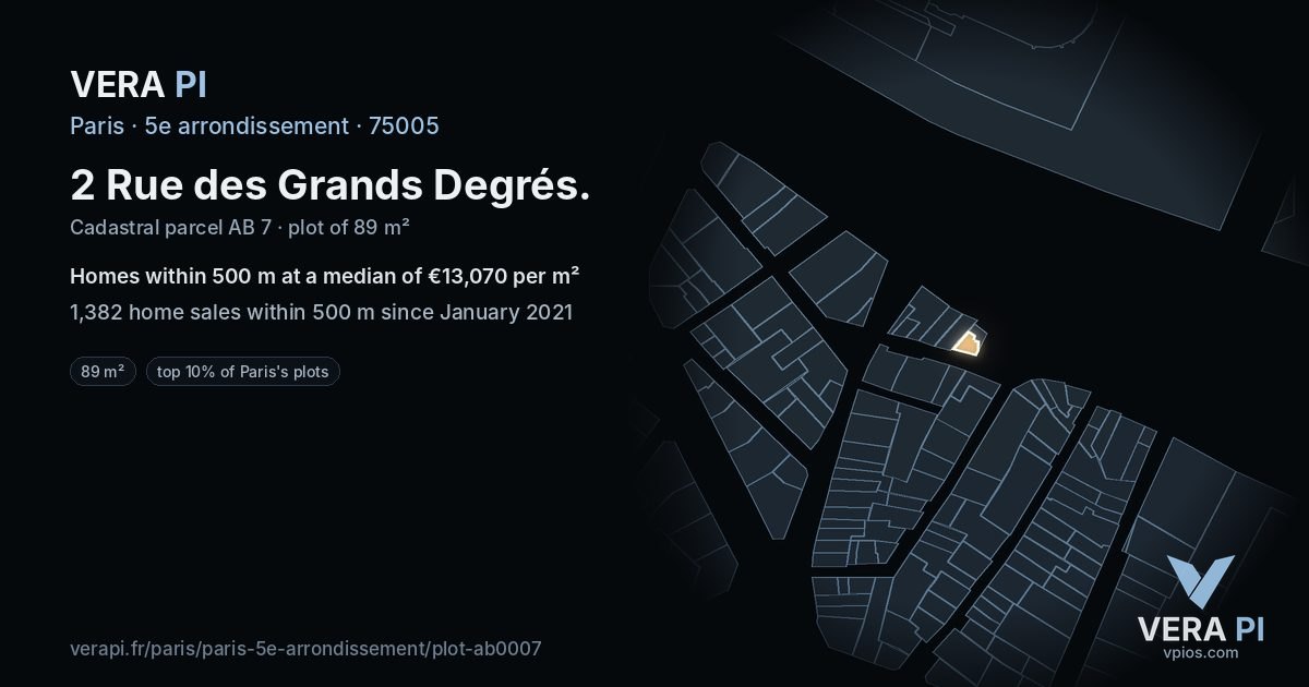 2 Rue des Grands Degrés, 5e arrondissement at night – the plot lit, the parcels around coloured by the prices near them