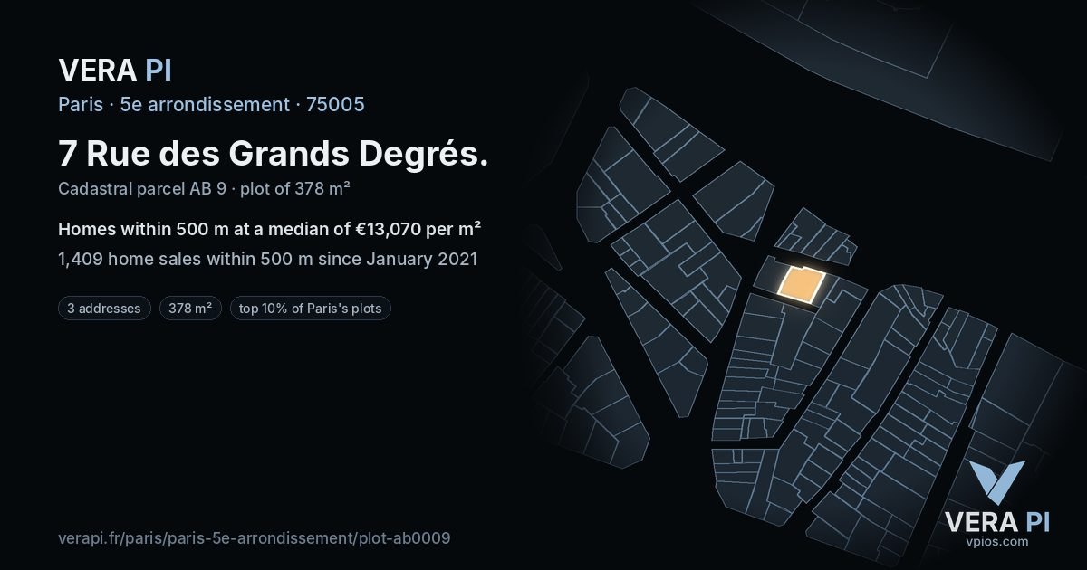 7 Rue des Grands Degrés, 5e arrondissement at night – the plot lit, the parcels around coloured by the prices near them