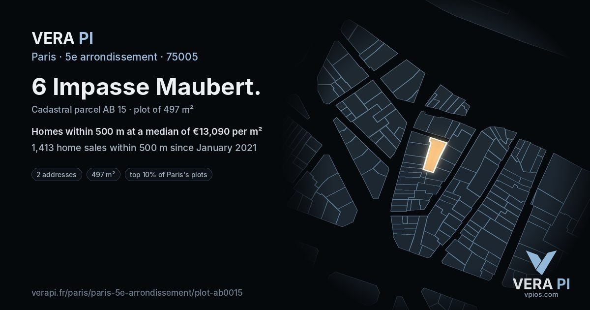 6 Impasse Maubert, 5e arrondissement at night – the plot lit, the parcels around coloured by the prices near them