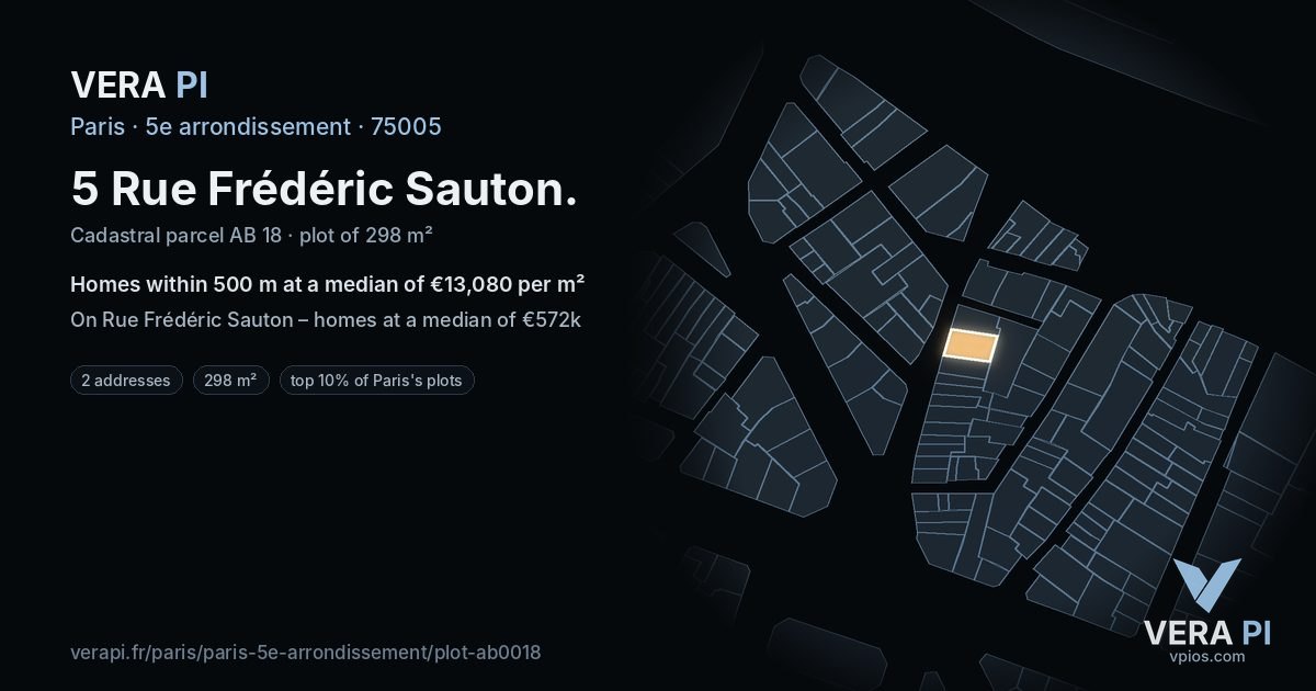 5 Rue Frédéric Sauton, 5e arrondissement at night – the plot lit, the parcels around coloured by the prices near them