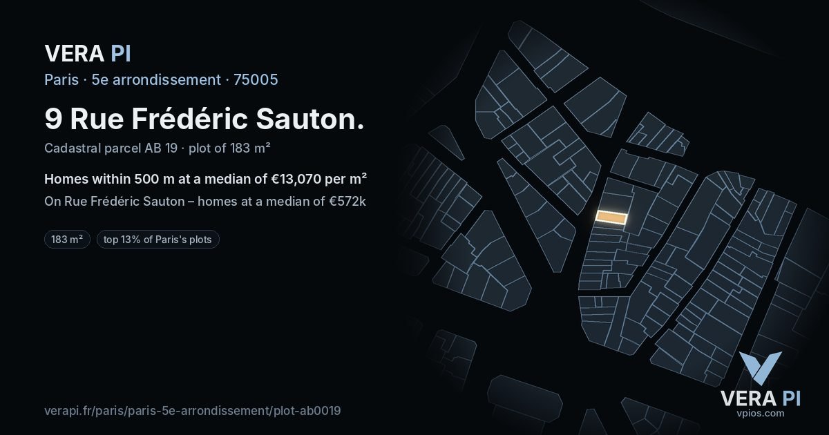 9 Rue Frédéric Sauton, 5e arrondissement at night – the plot lit, the parcels around coloured by the prices near them