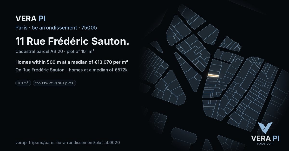 11 Rue Frédéric Sauton, 5e arrondissement at night – the plot lit, the parcels around coloured by the prices near them