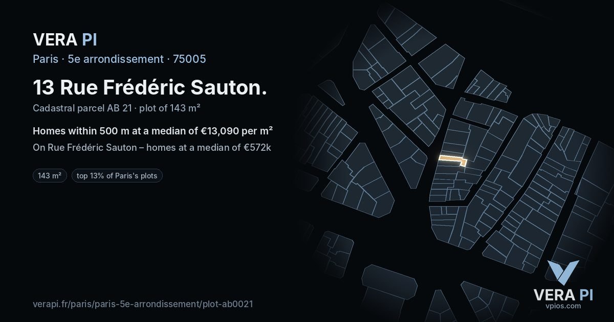 13 Rue Frédéric Sauton, 5e arrondissement at night – the plot lit, the parcels around coloured by the prices near them