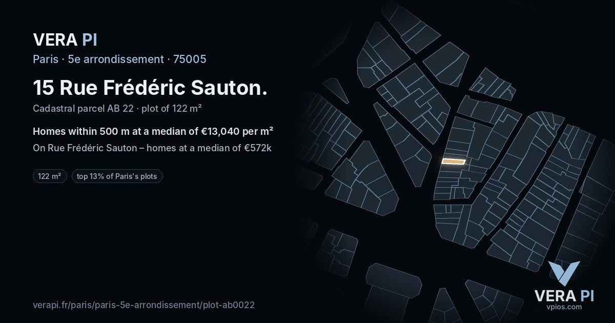 15 Rue Frédéric Sauton, 5e arrondissement at night – the plot lit, the parcels around coloured by the prices near them