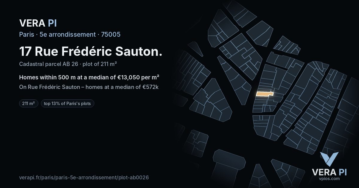 17 Rue Frédéric Sauton, 5e arrondissement at night – the plot lit, the parcels around coloured by the prices near them