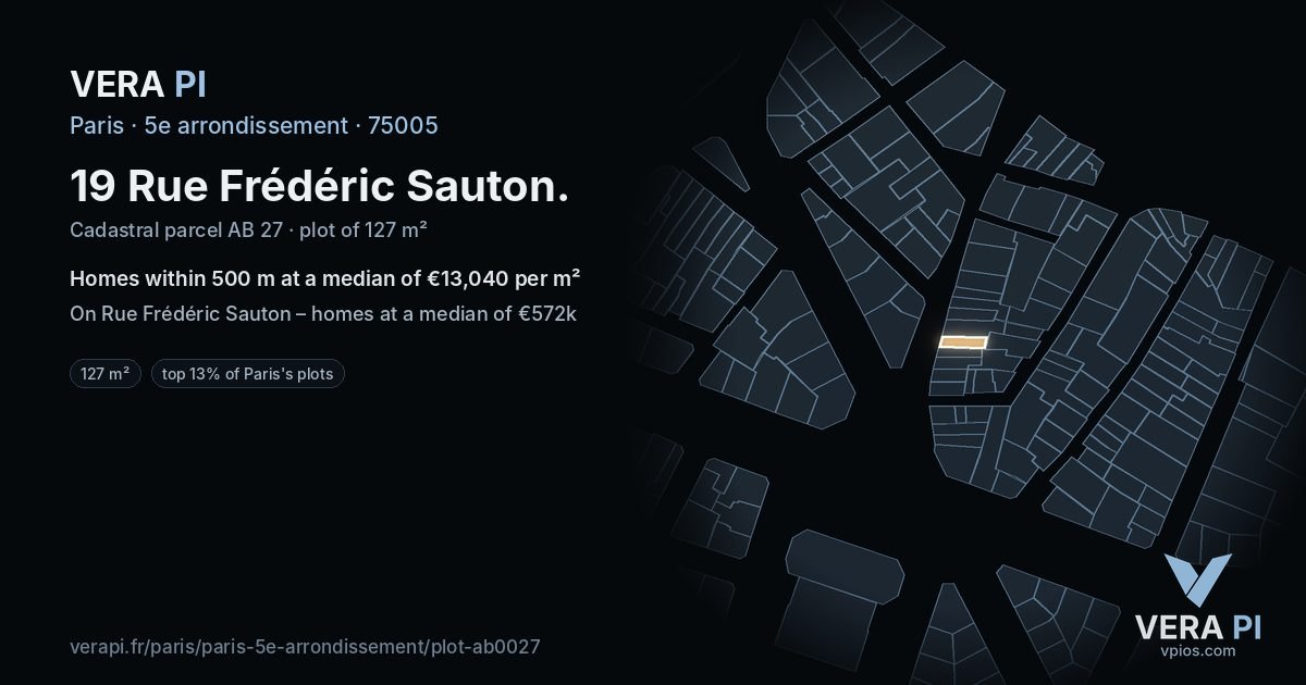 19 Rue Frédéric Sauton, 5e arrondissement at night – the plot lit, the parcels around coloured by the prices near them