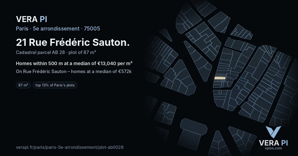 21 Rue Frédéric Sauton, 5e arrondissement at night – the plot lit, the parcels around coloured by the prices near them