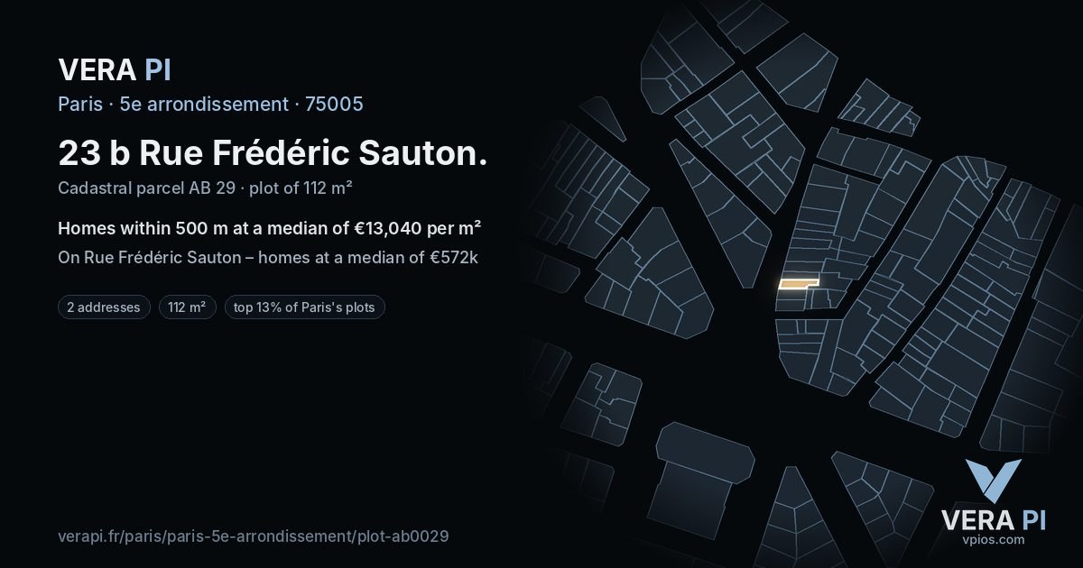 23 b Rue Frédéric Sauton, 5e arrondissement at night – the plot lit, the parcels around coloured by the prices near them