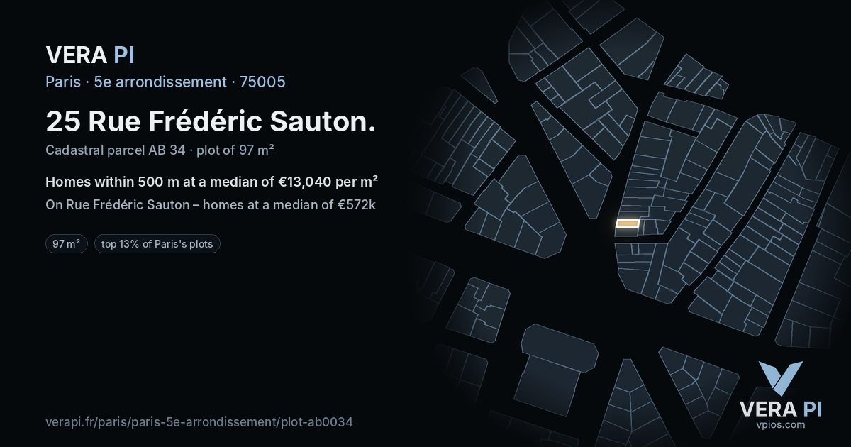 25 Rue Frédéric Sauton, 5e arrondissement at night – the plot lit, the parcels around coloured by the prices near them