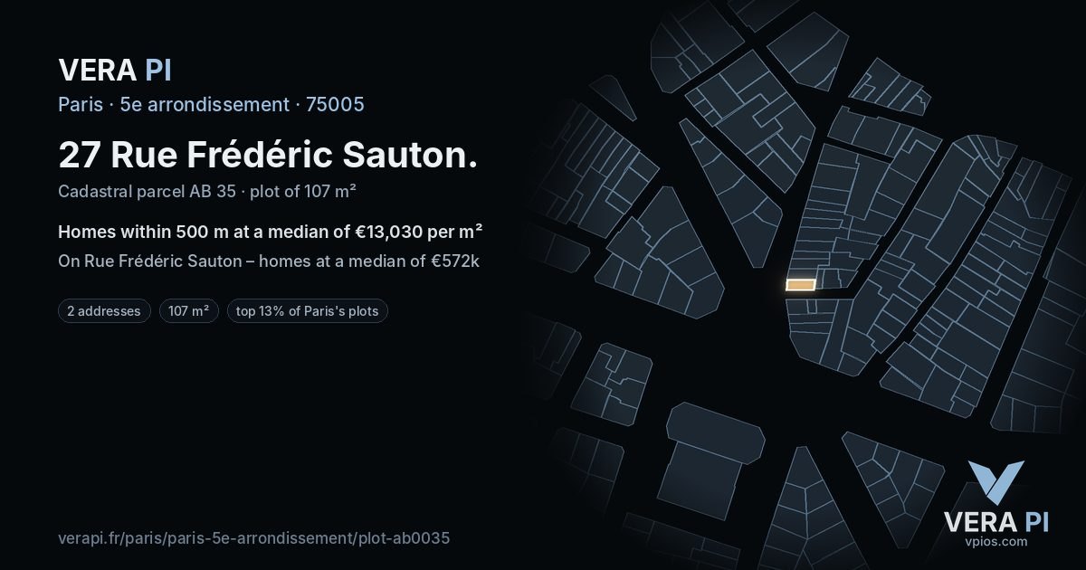 27 Rue Frédéric Sauton, 5e arrondissement at night – the plot lit, the parcels around coloured by the prices near them