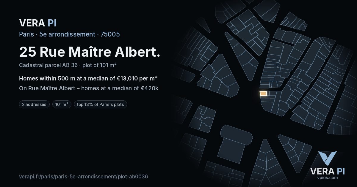 25 Rue Maître Albert, 5e arrondissement at night – the plot lit, the parcels around coloured by the prices near them
