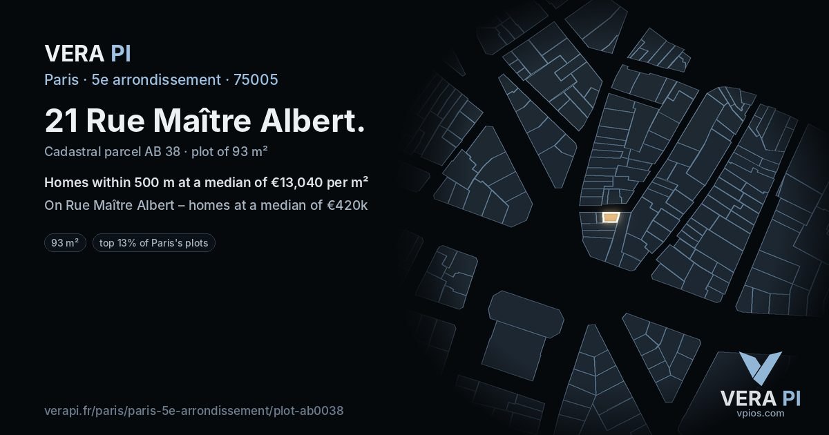21 Rue Maître Albert, 5e arrondissement at night – the plot lit, the parcels around coloured by the prices near them