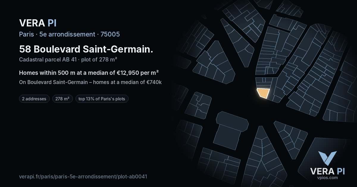 58 Boulevard Saint-Germain, 5e arrondissement at night – the plot lit, the parcels around coloured by the prices near them