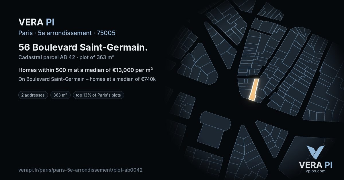 56 Boulevard Saint-Germain, 5e arrondissement at night – the plot lit, the parcels around coloured by the prices near them